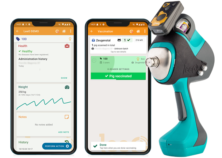 Twee smartphones tonen de LeeO app naast een IDAL injector die verbonden is met een LeeO reader